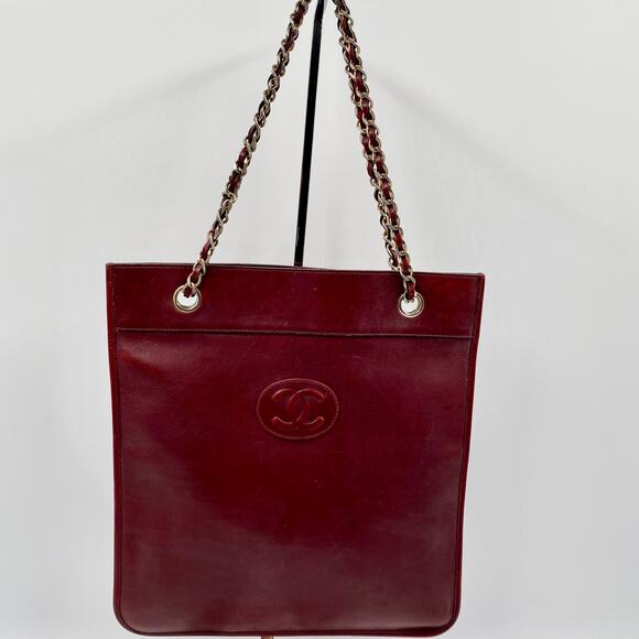 Chanel Burgundy Lambskin Leather Flat Tote Bag Large Classic CC Chain Vintage - Picture 1 of 14